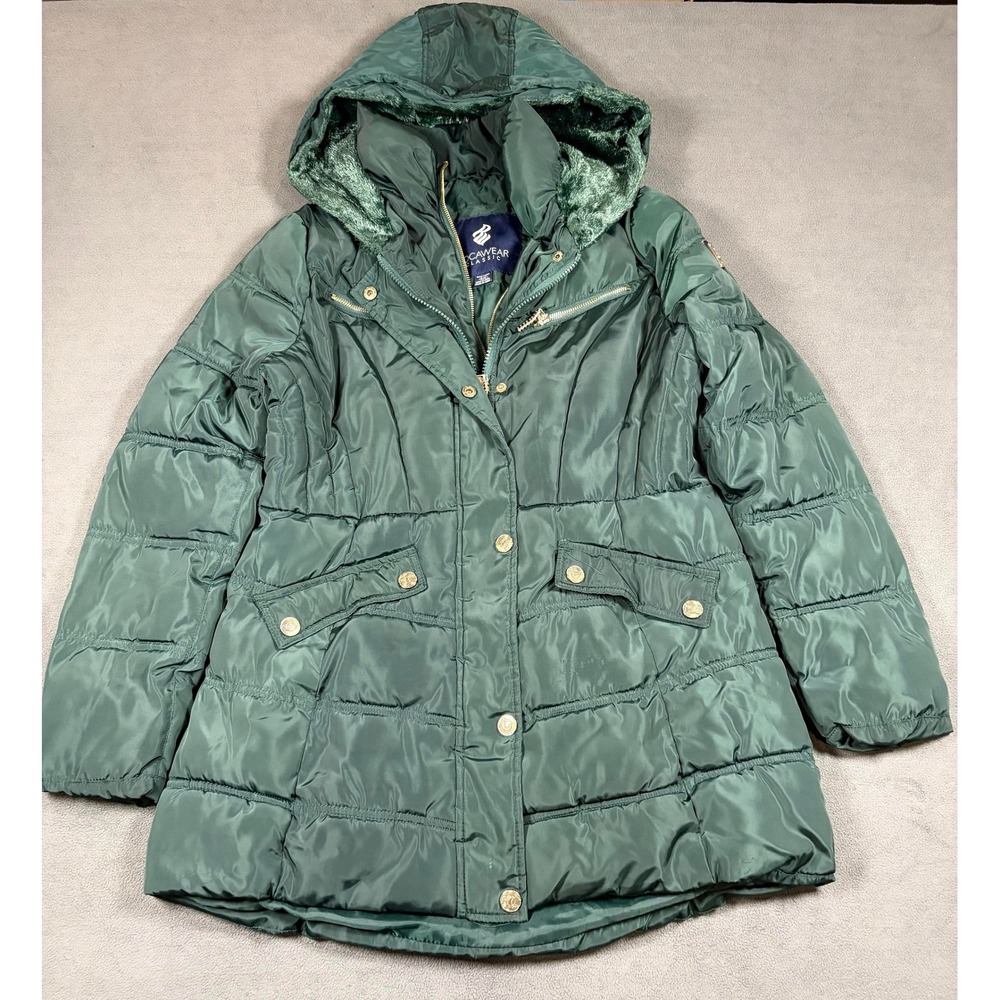Rocawear Classic Y2K Puffer Jacket Womens Small Green Faux Fur Hood Quilted